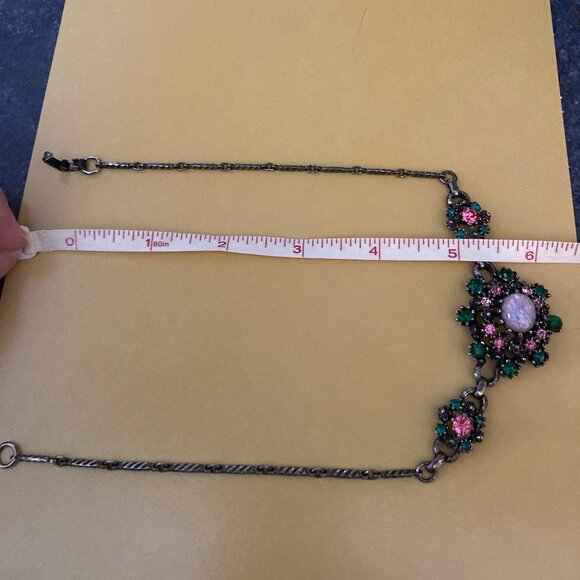 Vintage Coro choker necklace with faux opal + pink and green rhinestones - Picture 3 of 6